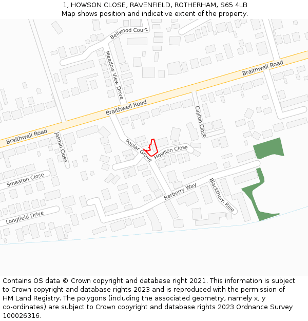 1, HOWSON CLOSE, RAVENFIELD, ROTHERHAM, S65 4LB: Location map and indicative extent of plot