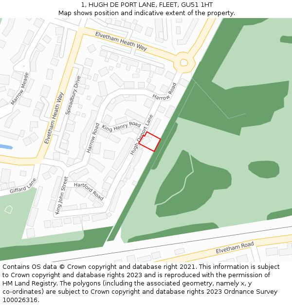 1, HUGH DE PORT LANE, FLEET, GU51 1HT: Location map and indicative extent of plot