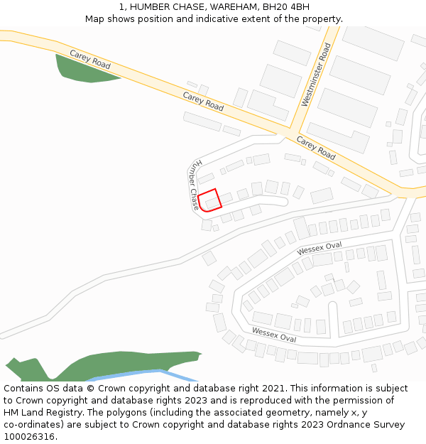 1, HUMBER CHASE, WAREHAM, BH20 4BH: Location map and indicative extent of plot