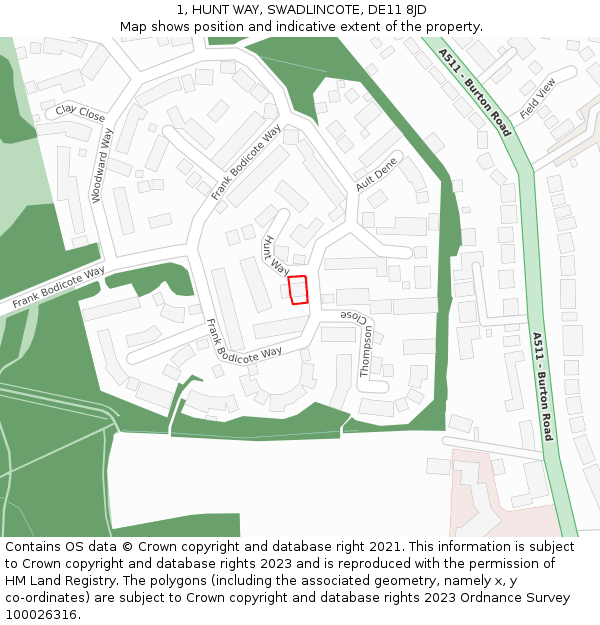 1, HUNT WAY, SWADLINCOTE, DE11 8JD: Location map and indicative extent of plot