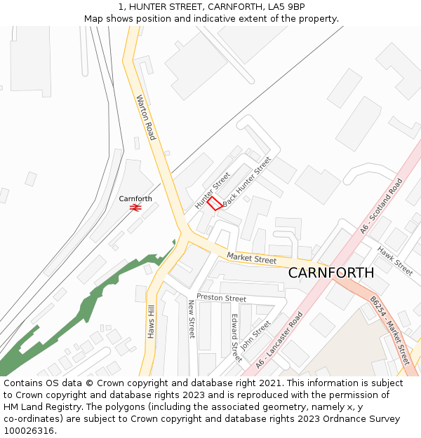1, HUNTER STREET, CARNFORTH, LA5 9BP: Location map and indicative extent of plot