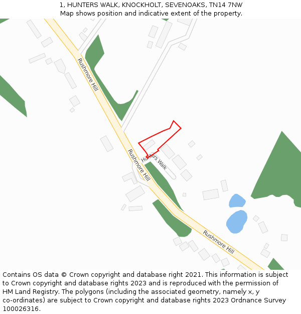 1, HUNTERS WALK, KNOCKHOLT, SEVENOAKS, TN14 7NW: Location map and indicative extent of plot