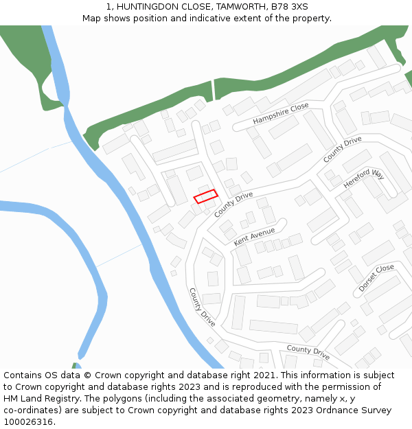 1, HUNTINGDON CLOSE, TAMWORTH, B78 3XS: Location map and indicative extent of plot