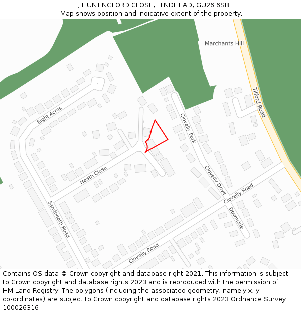 1, HUNTINGFORD CLOSE, HINDHEAD, GU26 6SB: Location map and indicative extent of plot