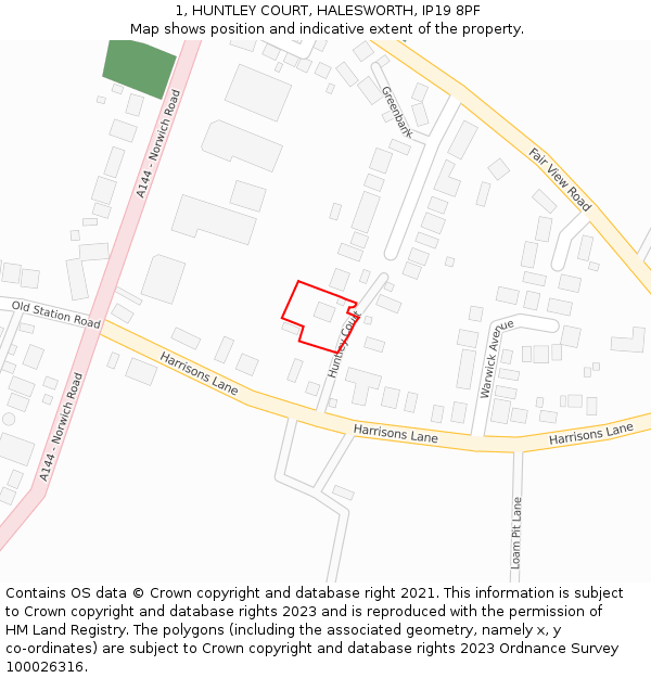 1, HUNTLEY COURT, HALESWORTH, IP19 8PF: Location map and indicative extent of plot