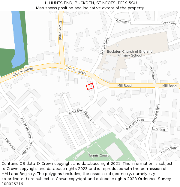 1, HUNTS END, BUCKDEN, ST NEOTS, PE19 5SU: Location map and indicative extent of plot