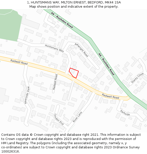 1, HUNTSMANS WAY, MILTON ERNEST, BEDFORD, MK44 1SA: Location map and indicative extent of plot