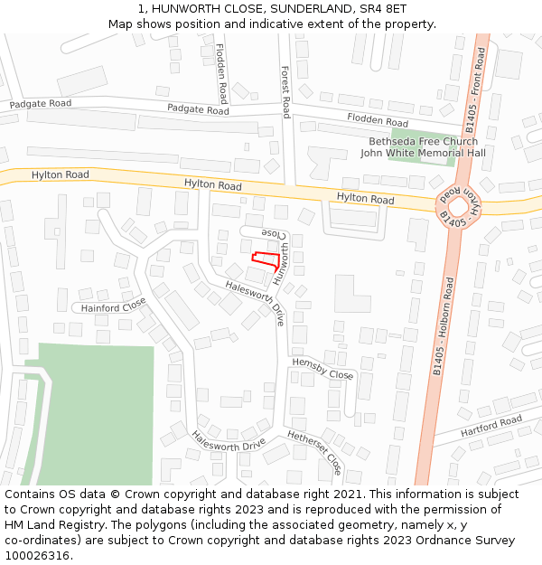 1, HUNWORTH CLOSE, SUNDERLAND, SR4 8ET: Location map and indicative extent of plot