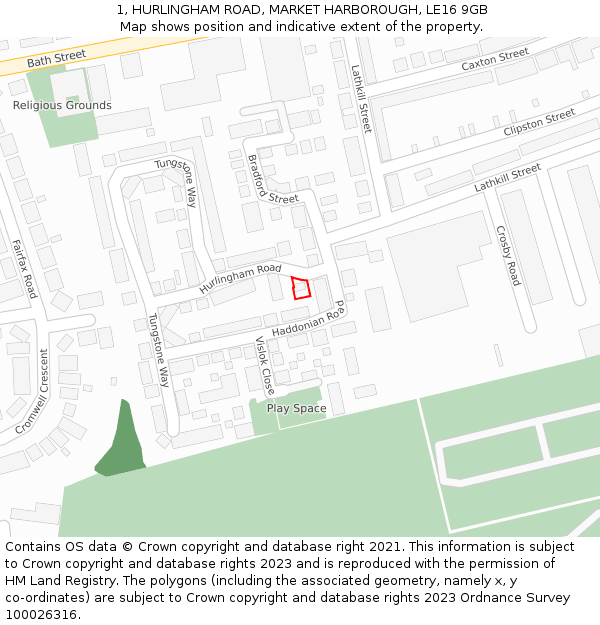 1, HURLINGHAM ROAD, MARKET HARBOROUGH, LE16 9GB: Location map and indicative extent of plot