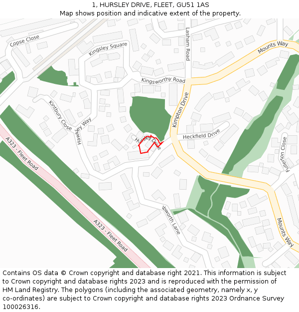 1, HURSLEY DRIVE, FLEET, GU51 1AS: Location map and indicative extent of plot