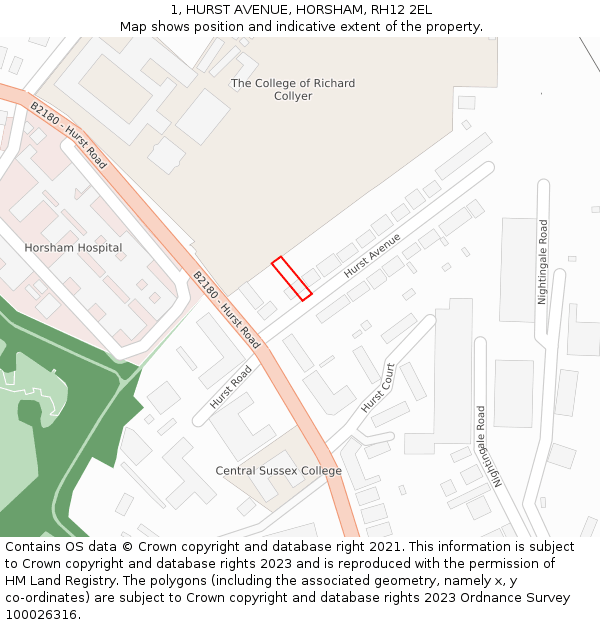 1, HURST AVENUE, HORSHAM, RH12 2EL: Location map and indicative extent of plot