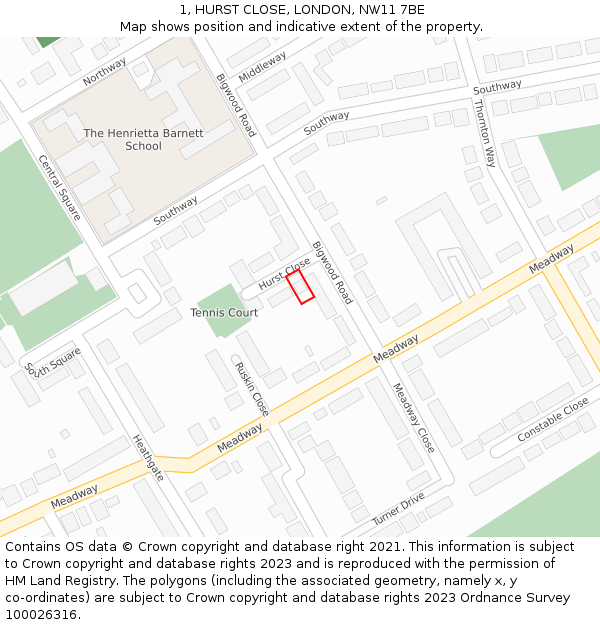 1, HURST CLOSE, LONDON, NW11 7BE: Location map and indicative extent of plot