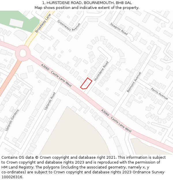 1, HURSTDENE ROAD, BOURNEMOUTH, BH8 0AL: Location map and indicative extent of plot