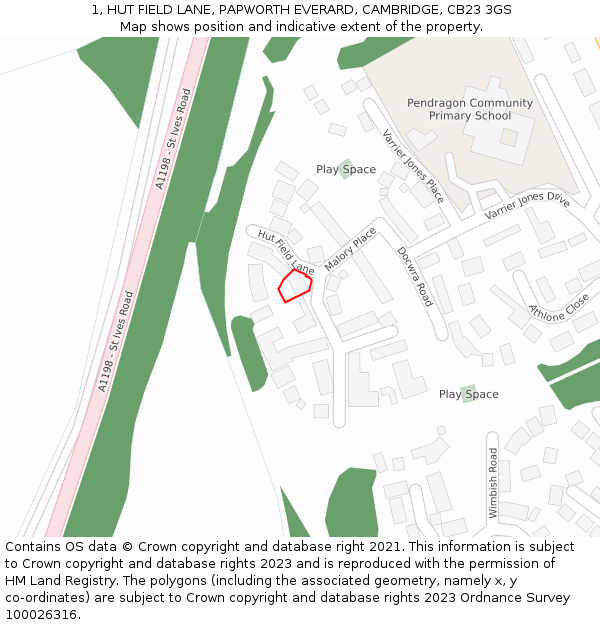 1, HUT FIELD LANE, PAPWORTH EVERARD, CAMBRIDGE, CB23 3GS: Location map and indicative extent of plot