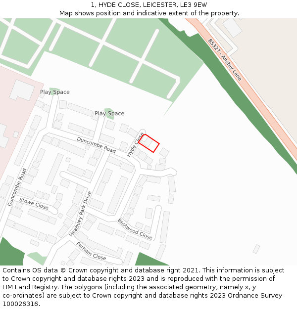 1, HYDE CLOSE, LEICESTER, LE3 9EW: Location map and indicative extent of plot