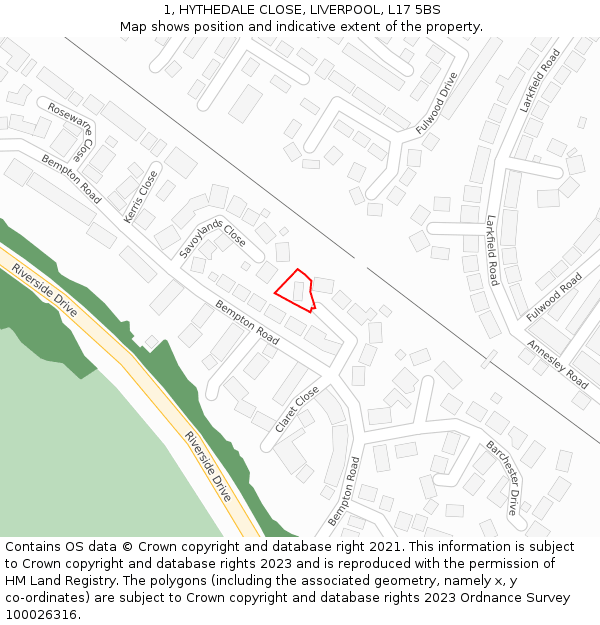 1, HYTHEDALE CLOSE, LIVERPOOL, L17 5BS: Location map and indicative extent of plot
