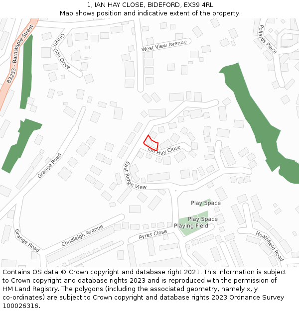 1, IAN HAY CLOSE, BIDEFORD, EX39 4RL: Location map and indicative extent of plot
