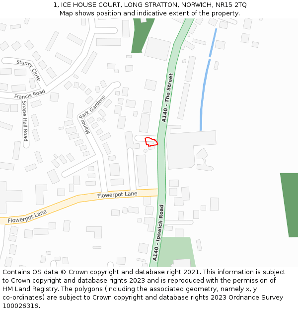 1, ICE HOUSE COURT, LONG STRATTON, NORWICH, NR15 2TQ: Location map and indicative extent of plot