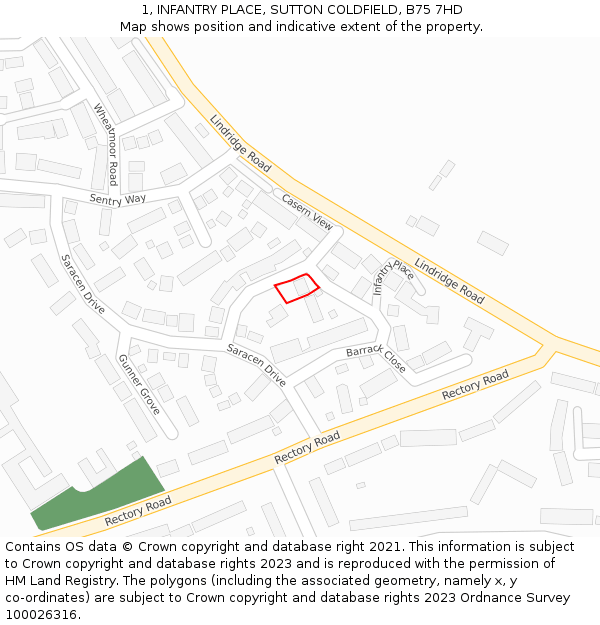1, INFANTRY PLACE, SUTTON COLDFIELD, B75 7HD: Location map and indicative extent of plot
