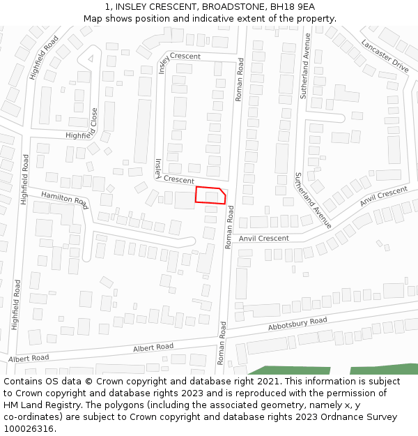 1, INSLEY CRESCENT, BROADSTONE, BH18 9EA: Location map and indicative extent of plot