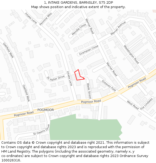 1, INTAKE GARDENS, BARNSLEY, S75 2DP: Location map and indicative extent of plot