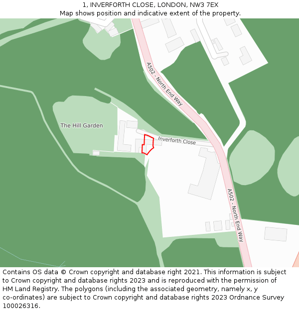 1, INVERFORTH CLOSE, LONDON, NW3 7EX: Location map and indicative extent of plot