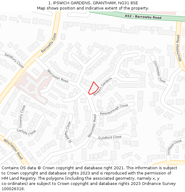 1, IPSWICH GARDENS, GRANTHAM, NG31 8SE: Location map and indicative extent of plot