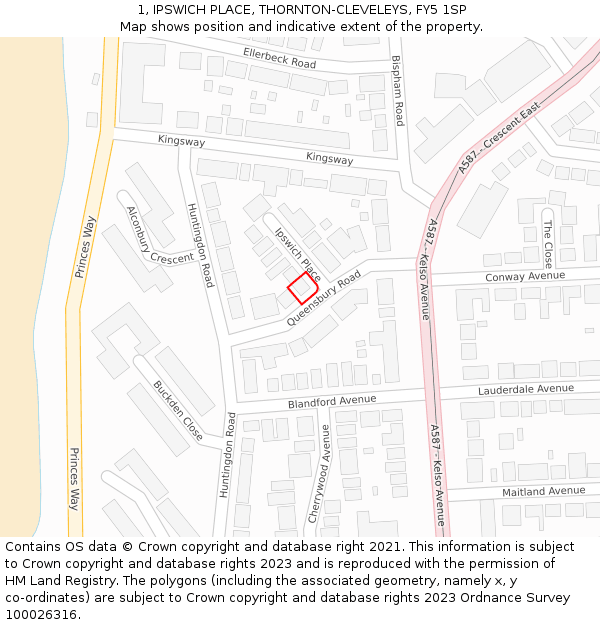 1, IPSWICH PLACE, THORNTON-CLEVELEYS, FY5 1SP: Location map and indicative extent of plot