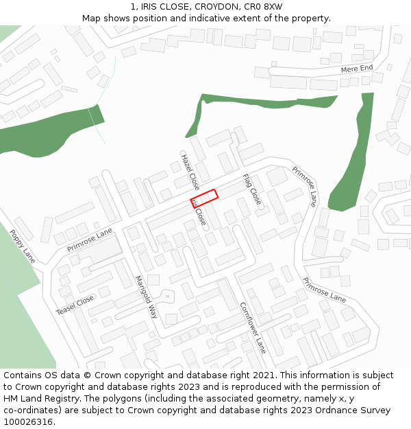 1, IRIS CLOSE, CROYDON, CR0 8XW: Location map and indicative extent of plot