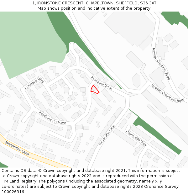 1, IRONSTONE CRESCENT, CHAPELTOWN, SHEFFIELD, S35 3XT: Location map and indicative extent of plot