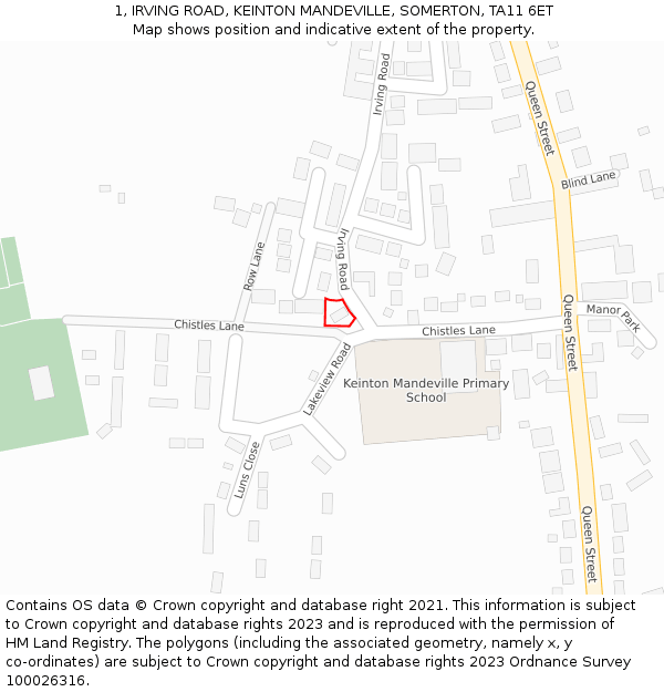 1, IRVING ROAD, KEINTON MANDEVILLE, SOMERTON, TA11 6ET: Location map and indicative extent of plot