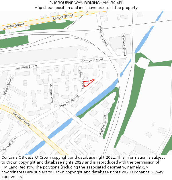 1, ISBOURNE WAY, BIRMINGHAM, B9 4PL: Location map and indicative extent of plot