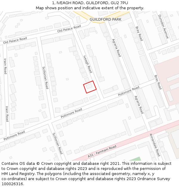 1, IVEAGH ROAD, GUILDFORD, GU2 7PU: Location map and indicative extent of plot