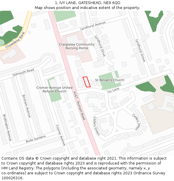 1, IVY LANE, GATESHEAD, NE9 6QD: Location map and indicative extent of plot