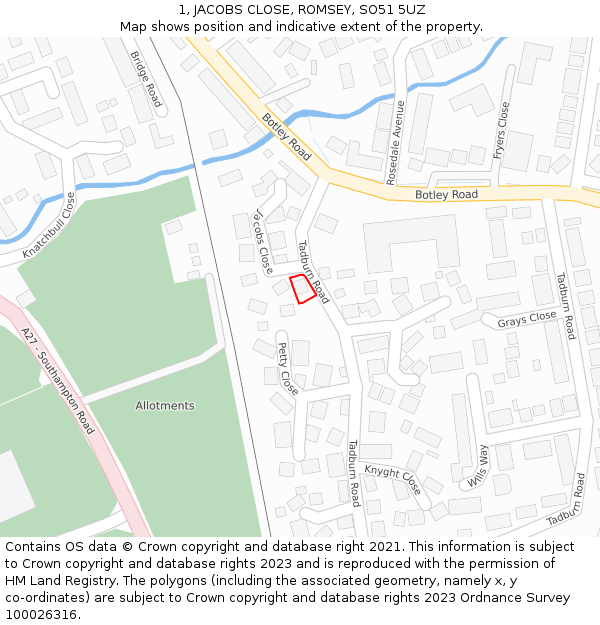 1, JACOBS CLOSE, ROMSEY, SO51 5UZ: Location map and indicative extent of plot