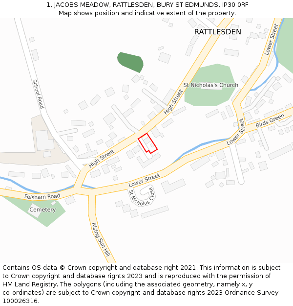 1, JACOBS MEADOW, RATTLESDEN, BURY ST EDMUNDS, IP30 0RF: Location map and indicative extent of plot