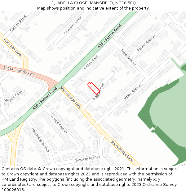 1, JADELLA CLOSE, MANSFIELD, NG18 5EQ: Location map and indicative extent of plot