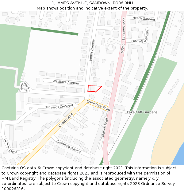 1, JAMES AVENUE, SANDOWN, PO36 9NH: Location map and indicative extent of plot