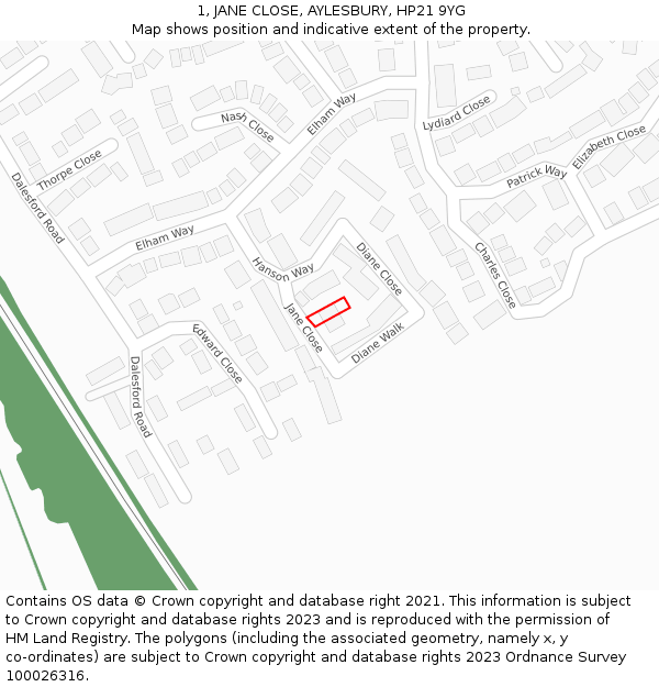 1, JANE CLOSE, AYLESBURY, HP21 9YG: Location map and indicative extent of plot