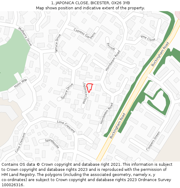 1, JAPONICA CLOSE, BICESTER, OX26 3YB: Location map and indicative extent of plot