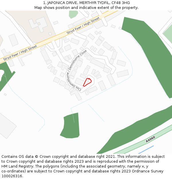 1, JAPONICA DRIVE, MERTHYR TYDFIL, CF48 3HG: Location map and indicative extent of plot