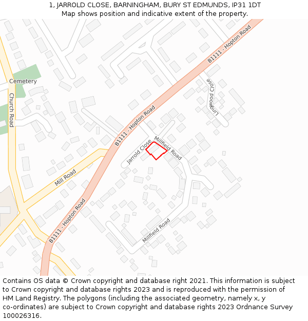 1, JARROLD CLOSE, BARNINGHAM, BURY ST EDMUNDS, IP31 1DT: Location map and indicative extent of plot