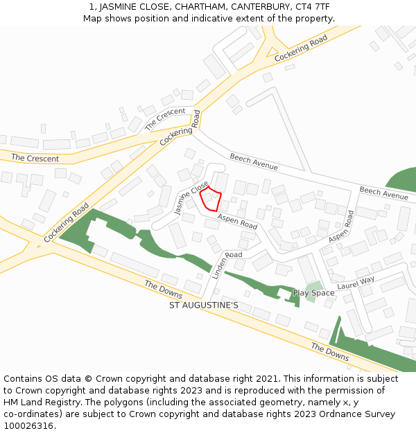 1, JASMINE CLOSE, CHARTHAM, CANTERBURY, CT4 7TF: Location map and indicative extent of plot