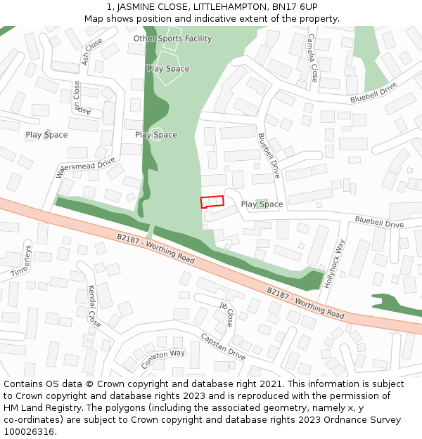 1, JASMINE CLOSE, LITTLEHAMPTON, BN17 6UP: Location map and indicative extent of plot