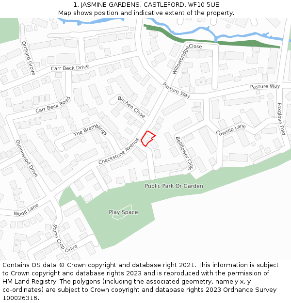 1, JASMINE GARDENS, CASTLEFORD, WF10 5UE: Location map and indicative extent of plot