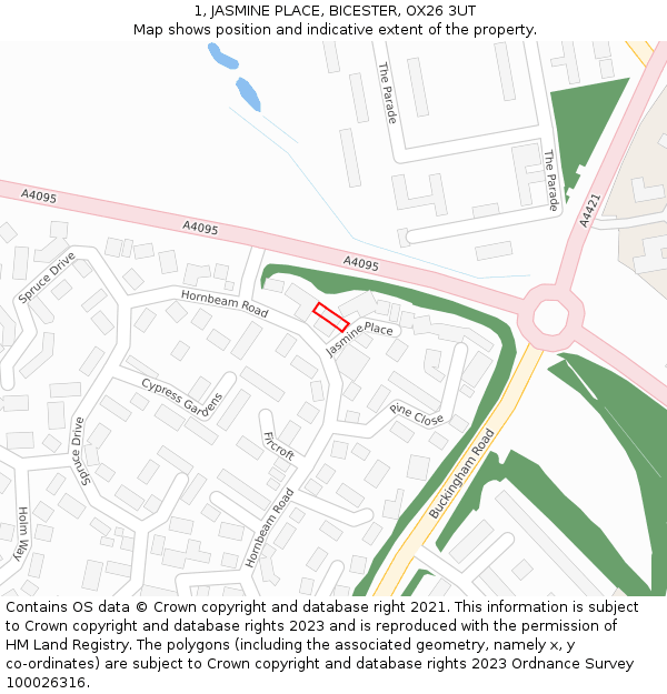 1, JASMINE PLACE, BICESTER, OX26 3UT: Location map and indicative extent of plot