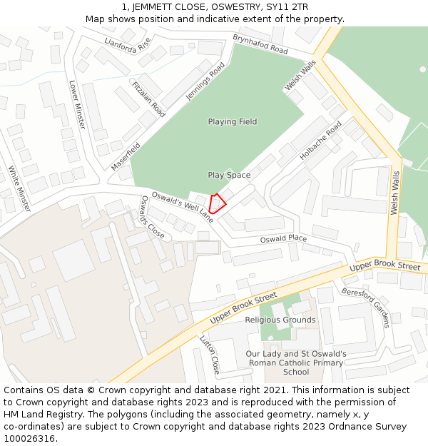 1, JEMMETT CLOSE, OSWESTRY, SY11 2TR: Location map and indicative extent of plot