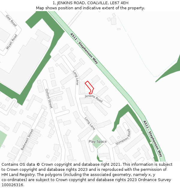 1, JENKINS ROAD, COALVILLE, LE67 4EH: Location map and indicative extent of plot
