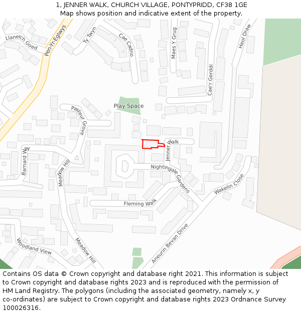 1, JENNER WALK, CHURCH VILLAGE, PONTYPRIDD, CF38 1GE: Location map and indicative extent of plot