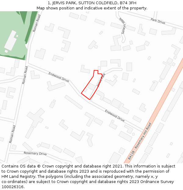 1, JERVIS PARK, SUTTON COLDFIELD, B74 3FH: Location map and indicative extent of plot